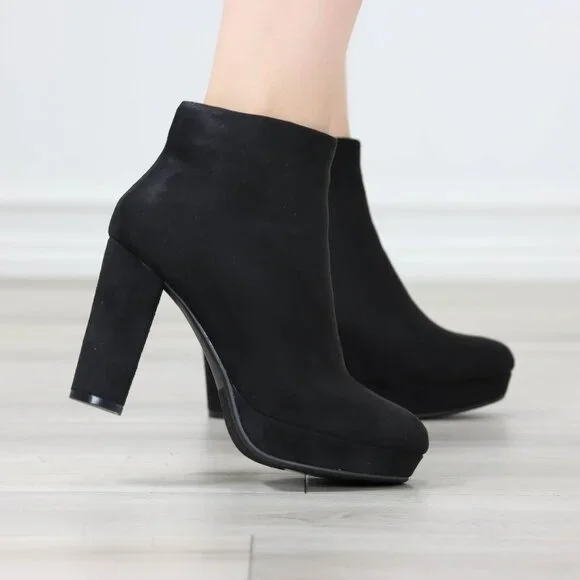 Black Faux Suede Platform High Heel Ankle Boots Zip Up - Picture 4 of 11